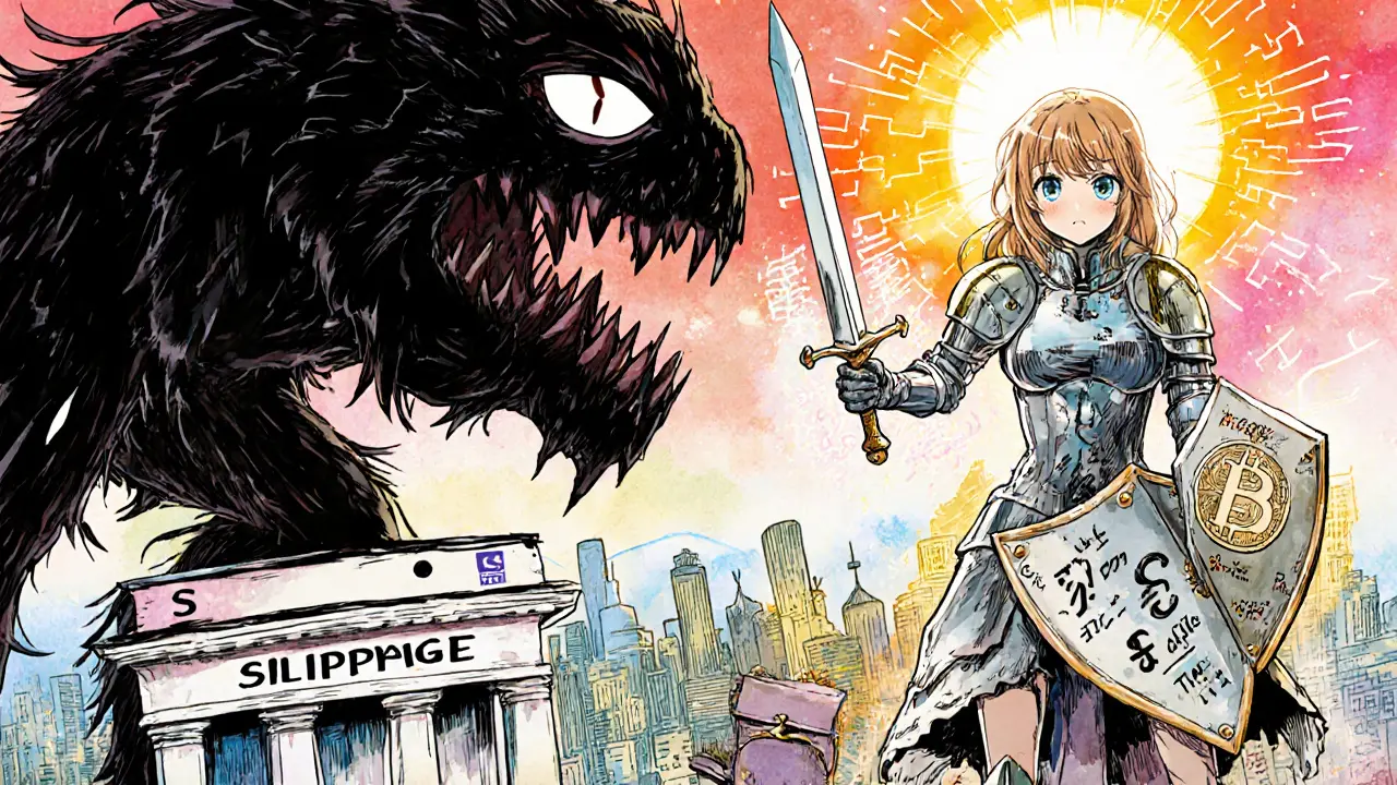 A knight made of crypto tokens defeats a glitch monster, protected by academic proofs under a rising sun.