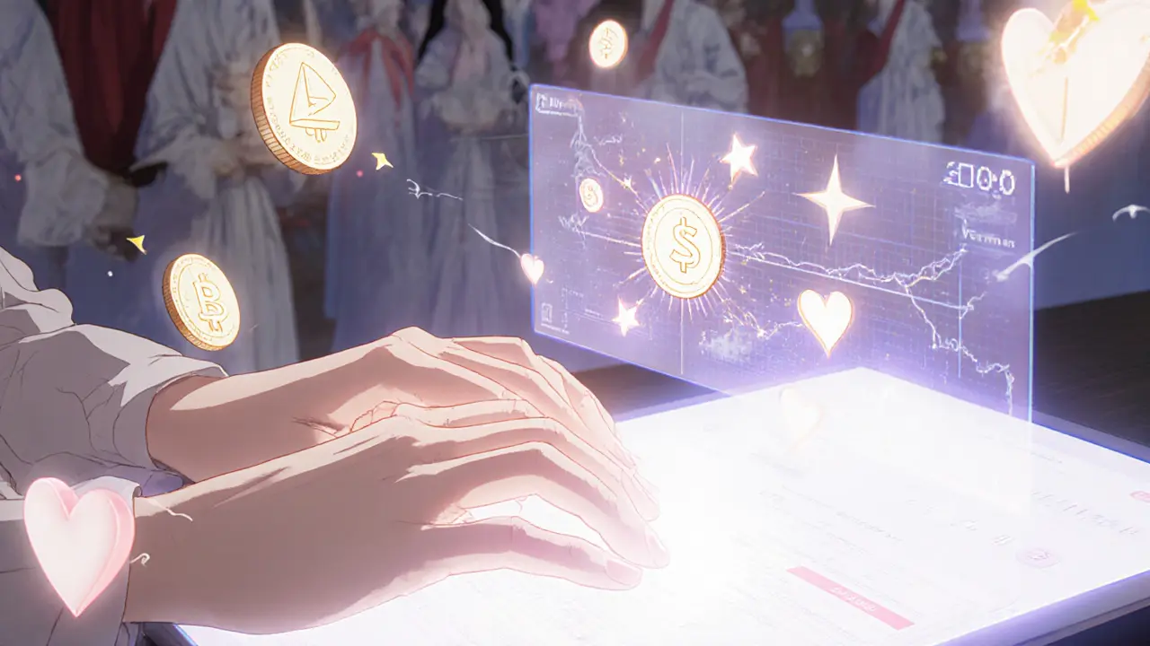 Delicate hands trade crypto on a holographic interface, with sparkling speed lines and heart-shaped confirmations.