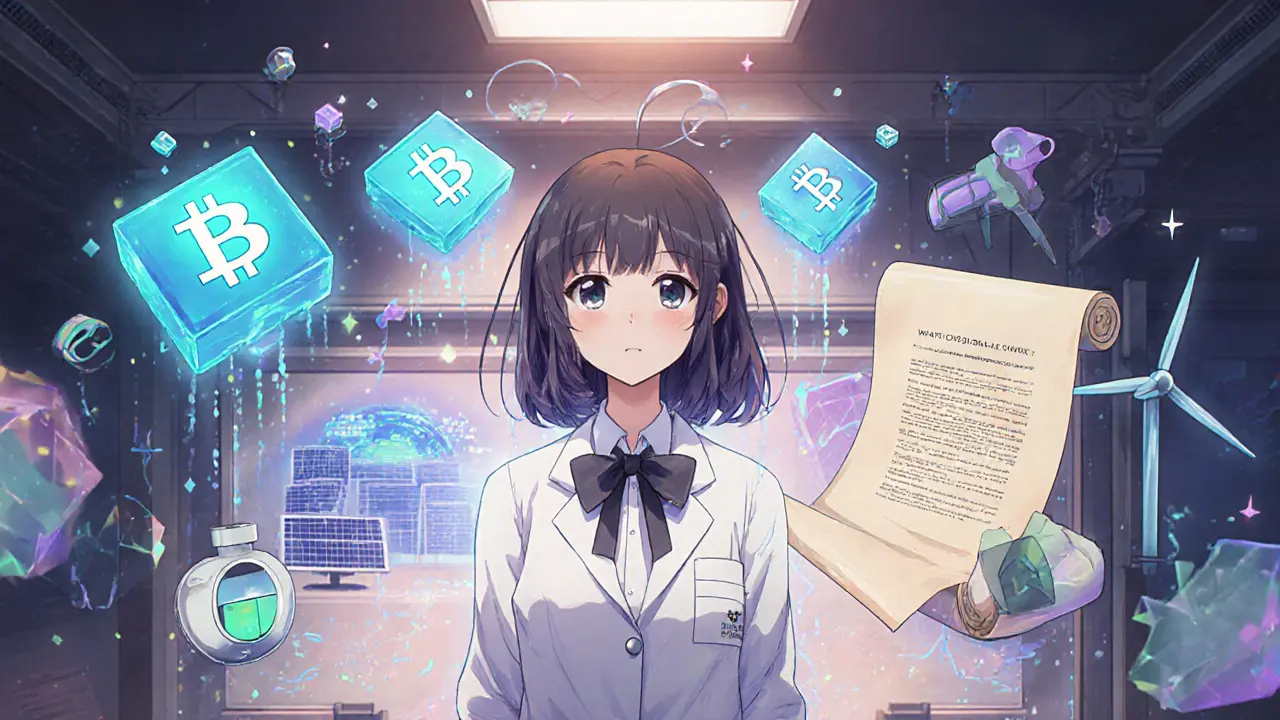Female engineer beside holographic blockchain blocks and smart meters in a pastel control room.