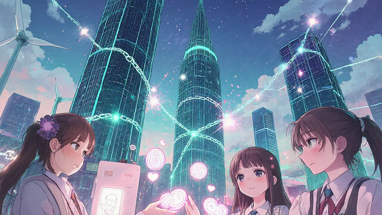 Futuristic cityscape with neon lights, blockchain network, and characters swapping energy tokens.