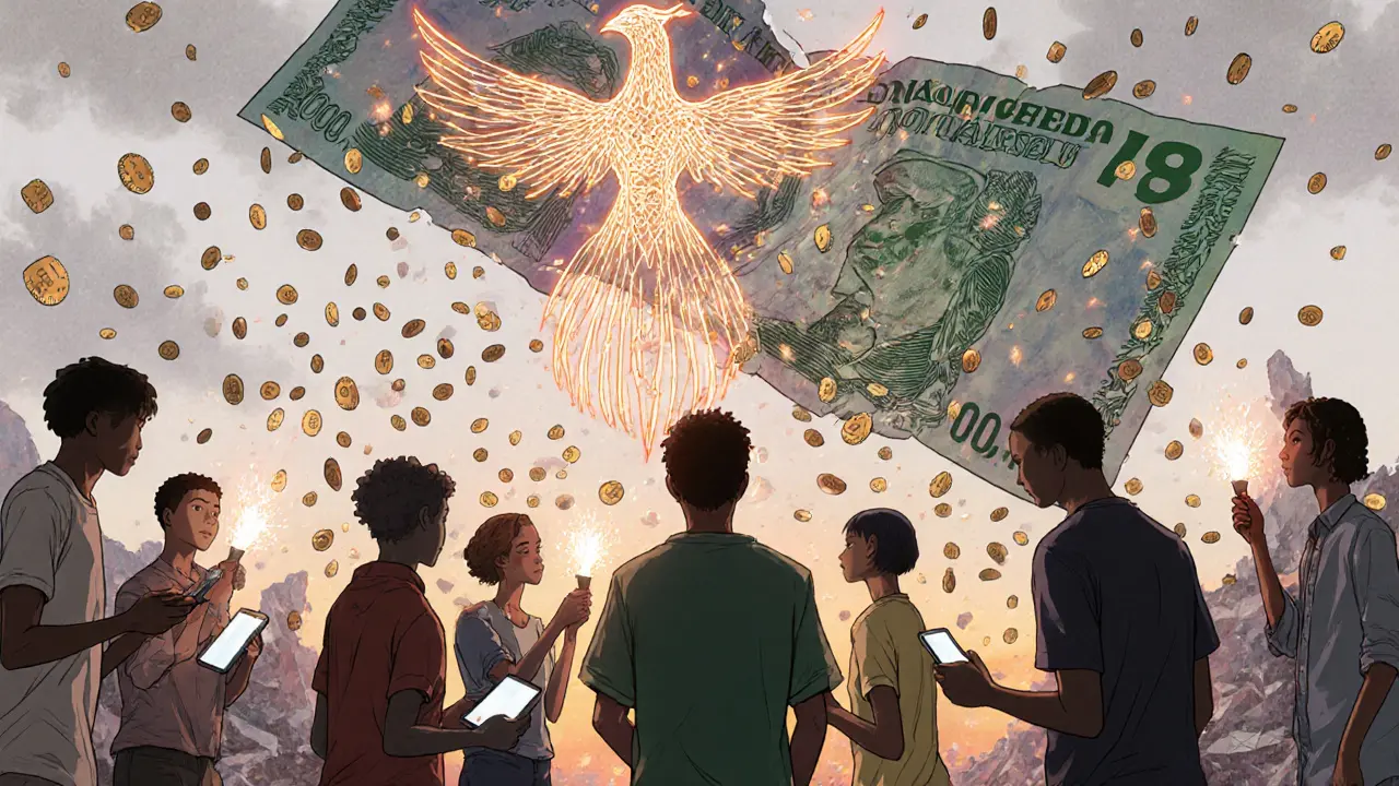 A crumbling naira note overwhelmed by falling USDT coins, young people holding phones as a blockchain phoenix rises.