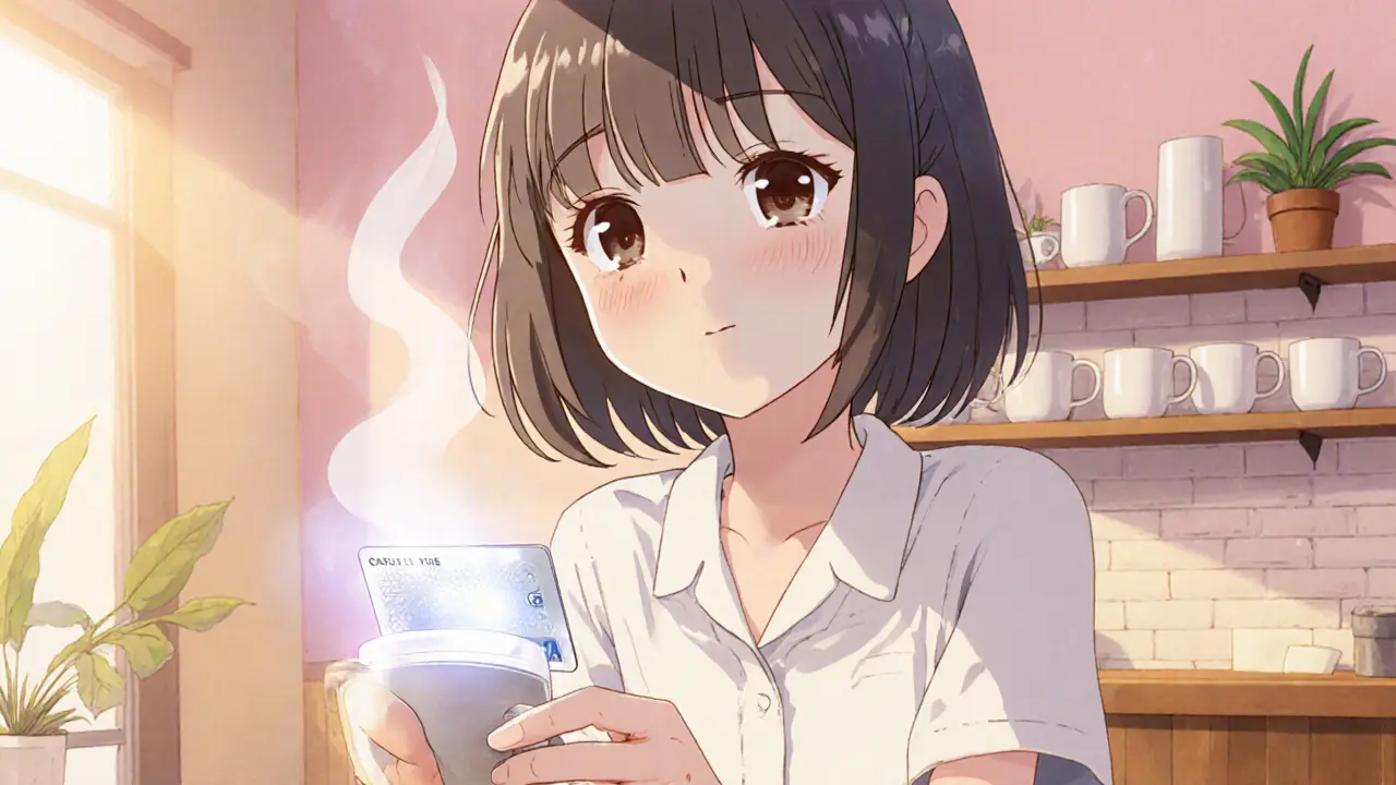 A girl paying for coffee with a silver-glowing virtual card in a café