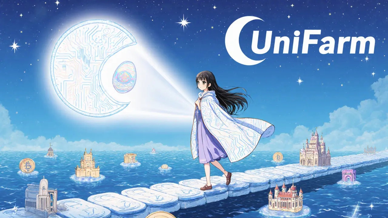 A girl walks on a token bridge over a digital ocean with DeFi projects below.