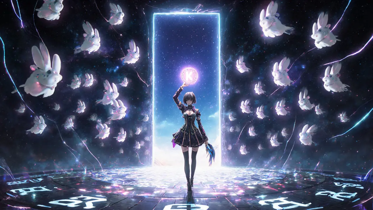 A protagonist stepping through a portal into a metaverse arena as thousands of KAKA-rabbits soar into the sky.
