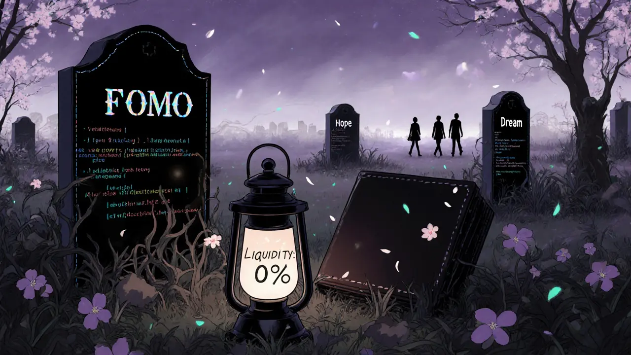 A quiet digital graveyard of failed crypto tokens under a twilight sky, with a flickering lantern marking zero liquidity.