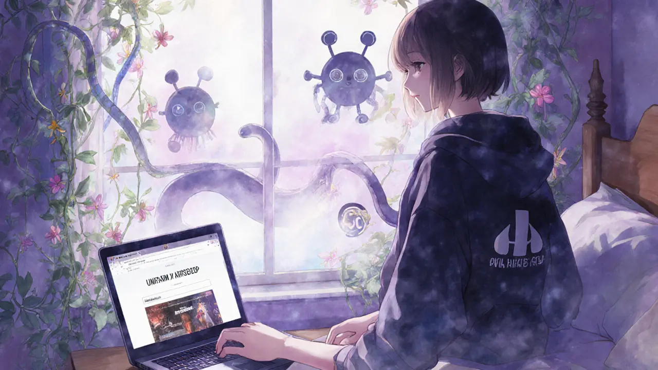 A teen in a cozy room stares at a fake airdrop website, shadowy bots creep through digital vines outside the window.