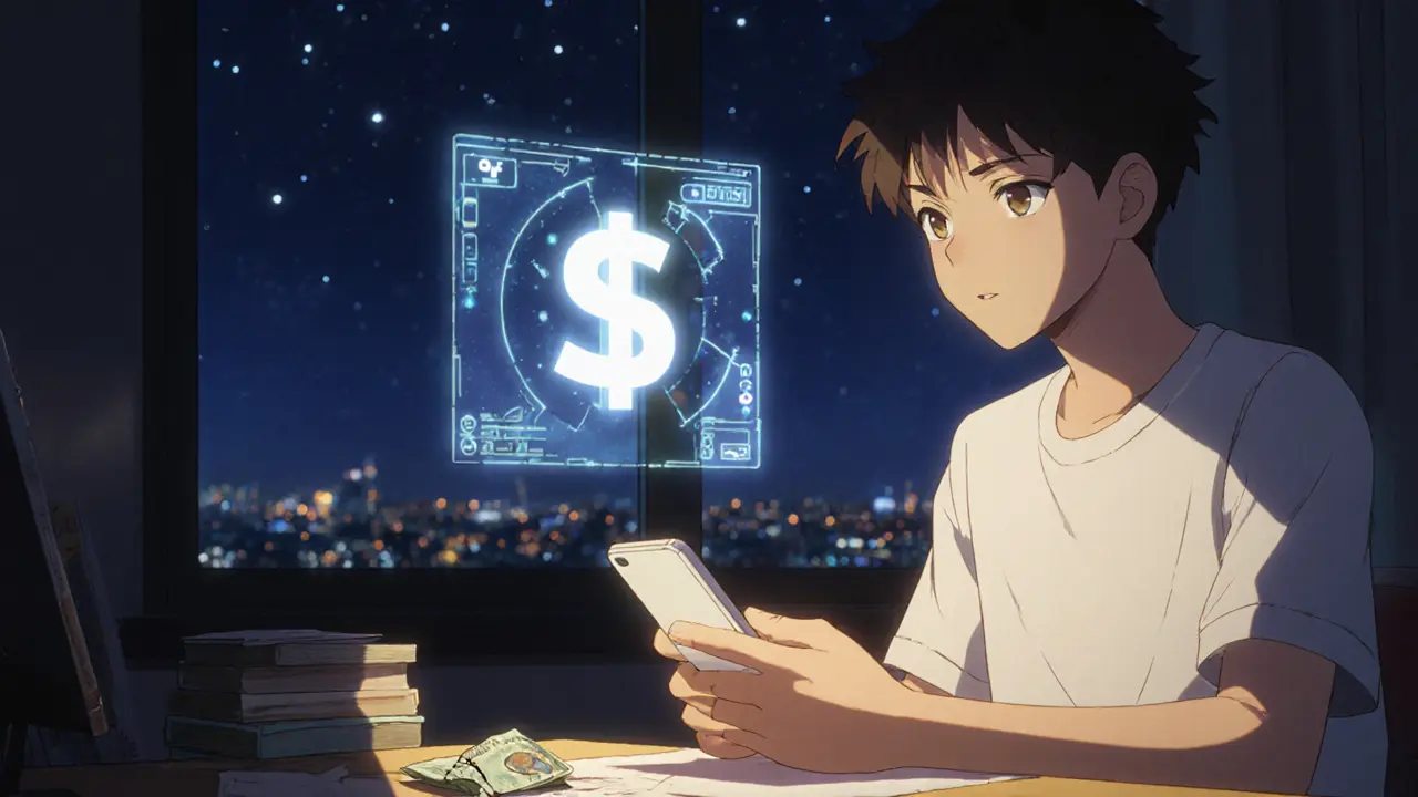 A teen sending crypto to his sister abroad, naira notes discarded as digital light glows around him.