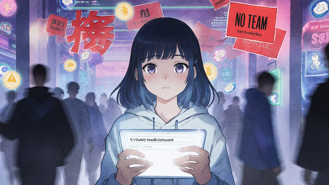 A young woman stands still in a chaotic crypto trading floor as red warnings hover above her, while other coins glow brightly in the background.