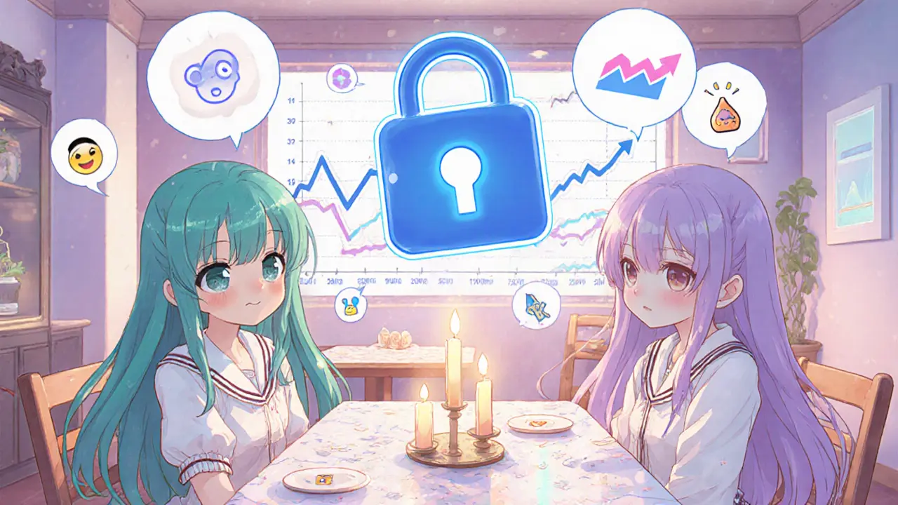 Anime characters in a café setting discussing memes, with a Raydium lock symbol and charts.