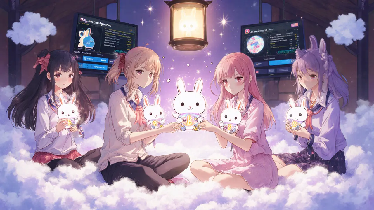 Anime characters in a cozy lounge sharing KAKA-rabbit NFTs and daily login rewards under soft pink lights.