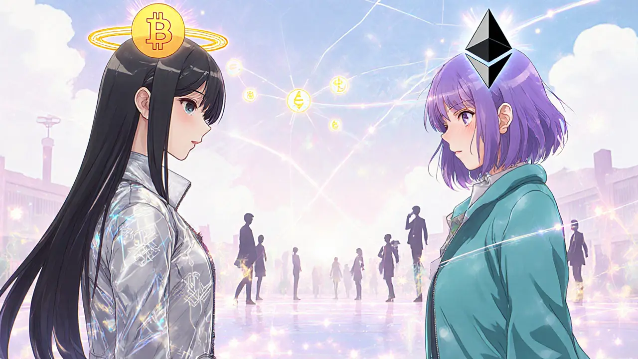 Bitcoin and Ethereum heroine figures linked by glowing network ribbons.