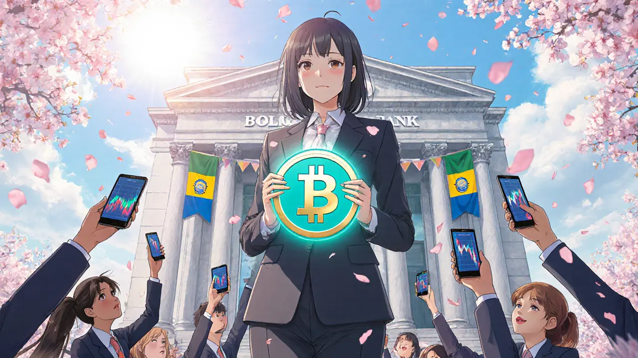 Celebratory scene of Bolivia lifting the crypto ban, with hopeful characters and bright sunlight.