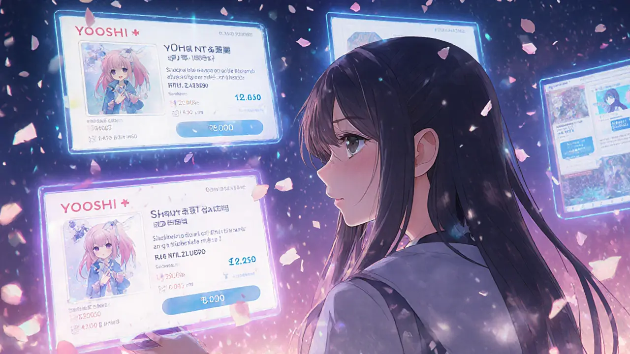 Collector browsing holographic YOOSHI NFT market screens at twilight with sakura petals.