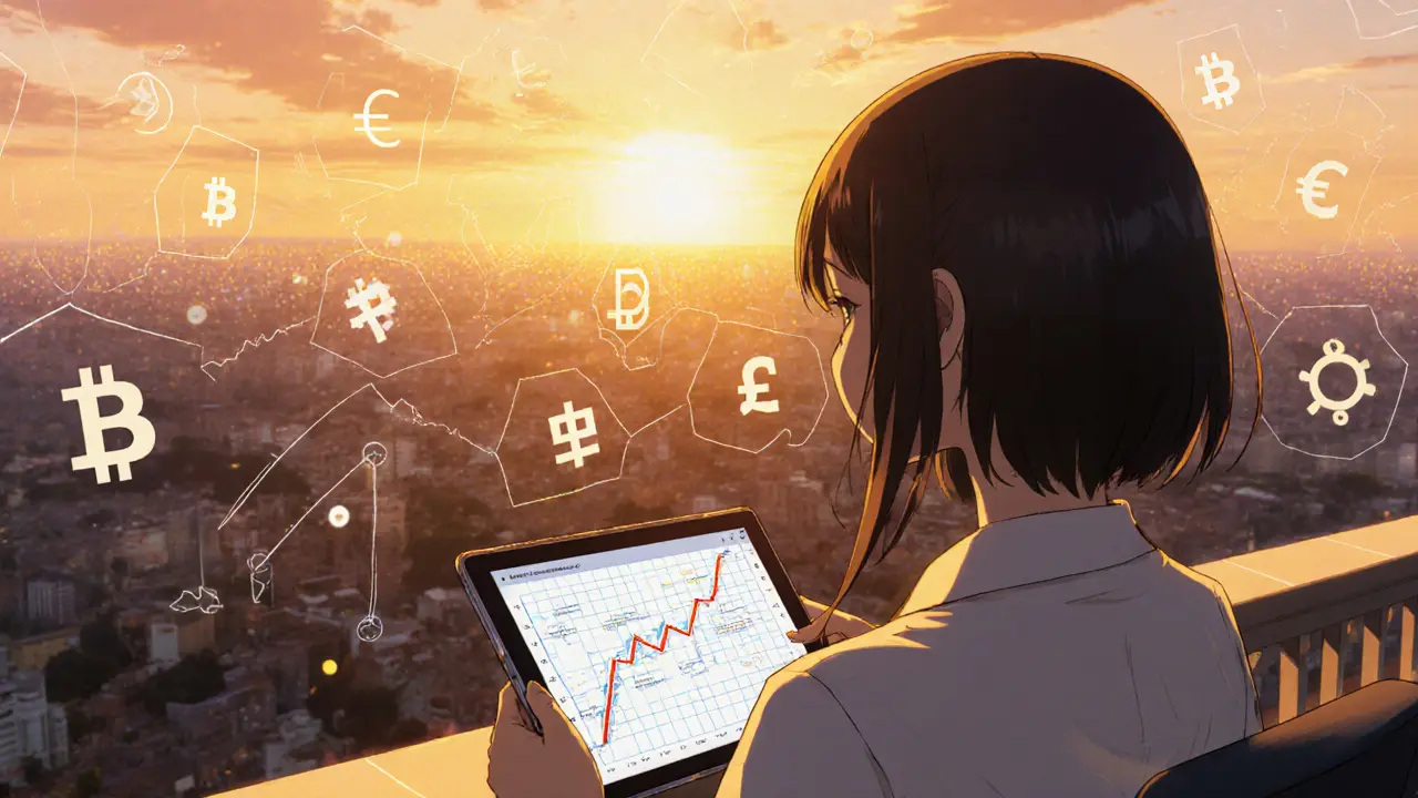 Experienced trader looking out over a sunrise skyline of cryptocurrency symbols, contemplating future.