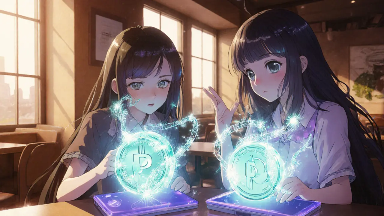 Friends discussing POL staking with holographic tokens and teal auras in a café.