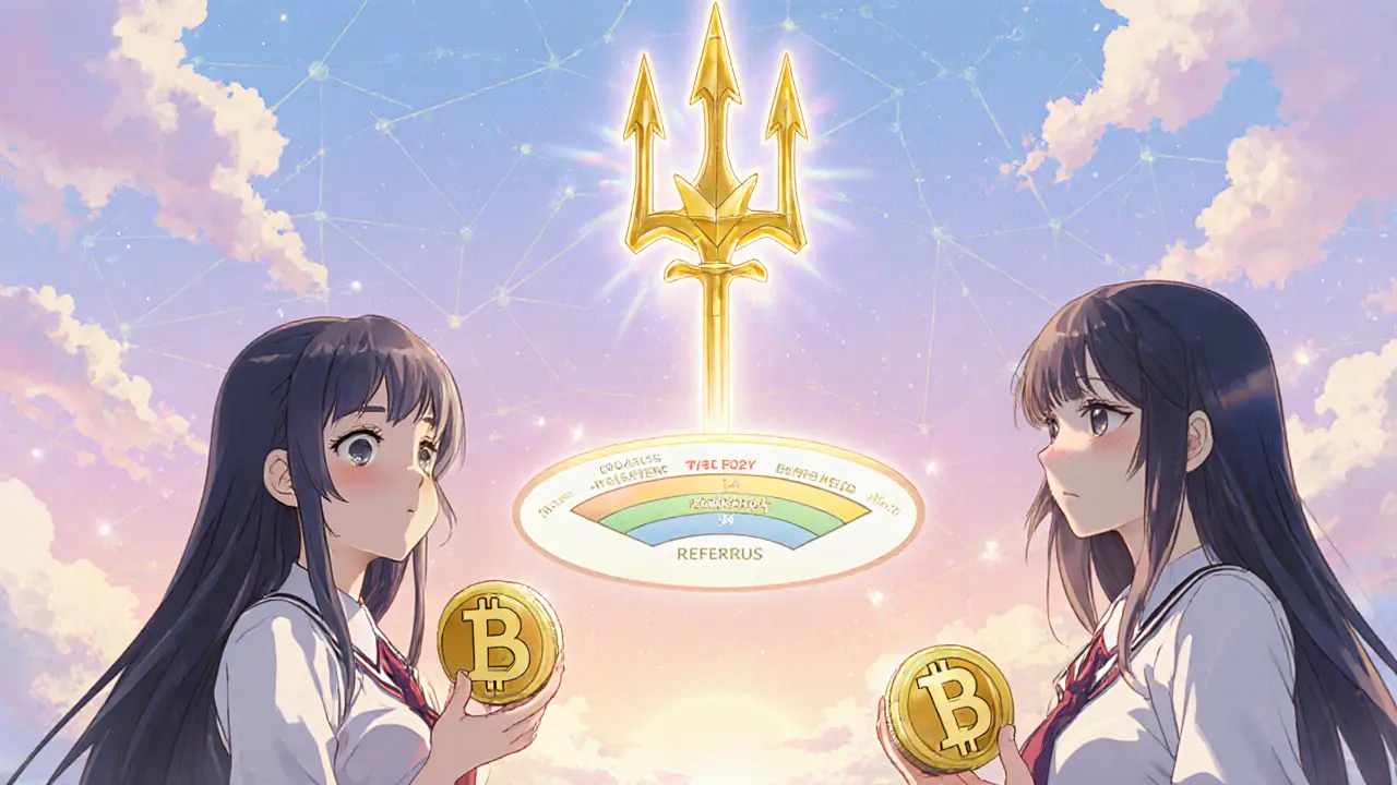 Friends hold L3 coins while a staking gauge and Trident of Worlds NFT shine.