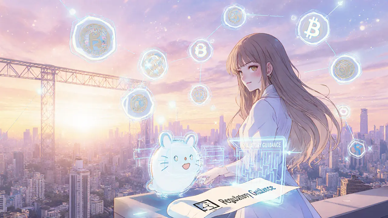 Futuristic city with holographic dashboards, AI assistant, and regulatory scroll, shoujo manga style.