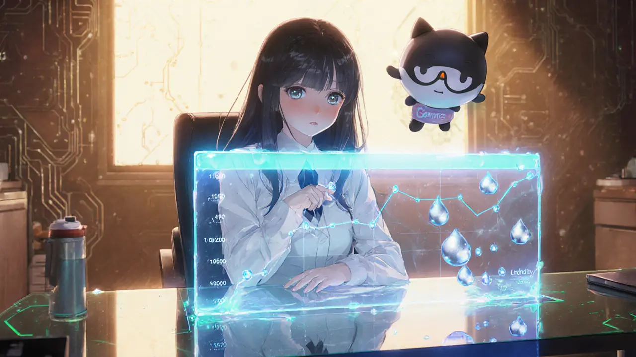 Girl analyzes a glowing chart with a narrow liquidity band, assisted by a cute Gamma mascot.