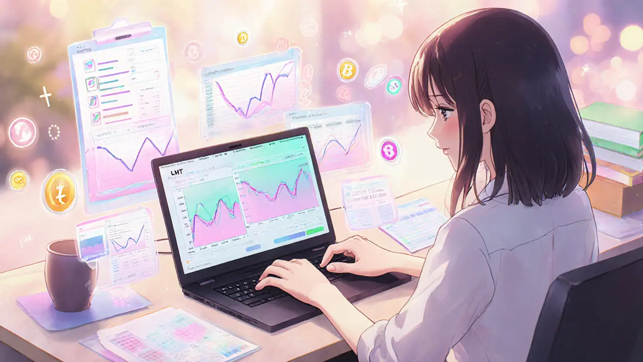 Girl at a desk viewing animated LMT market charts on a laptop with floating tokens and checklist.