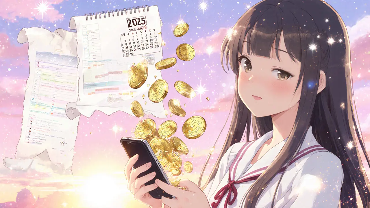 Girl celebrates receiving APAD tokens on her phone as sparkles and a calendar show October 2025.