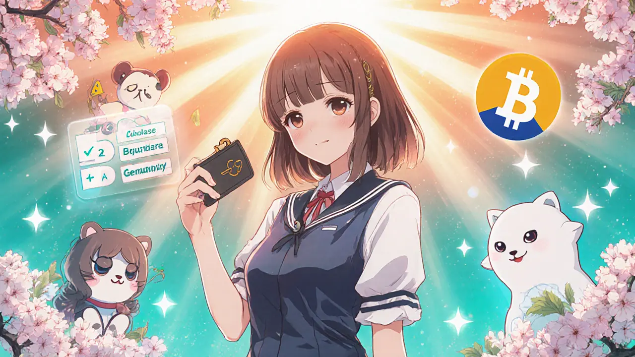 Girl confidently holds hardware wallet beside logos of reputable exchanges, under sunrise.