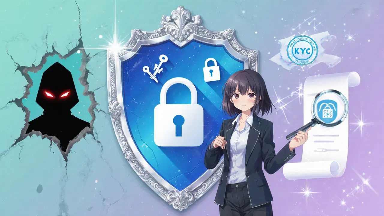 Girl examines a shield with security icons while a hacker silhouette lurks nearby.