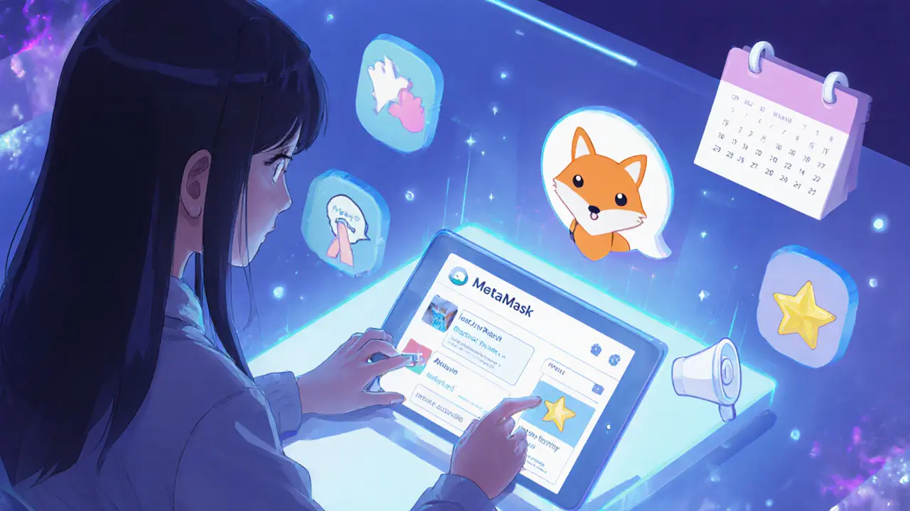 Girl linking a wallet on a tablet, surrounded by icons for social tasks and a calendar date.
