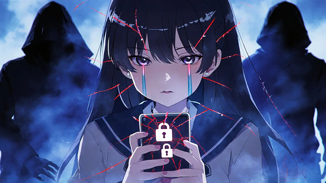 Girl looks distressed as Bitunions app shows error, broken padlock, and hacker silhouettes.