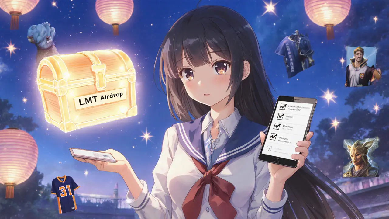 Girl near a glowing treasure chest with a wallet app, checklist and gaming icons at a pastel festival.
