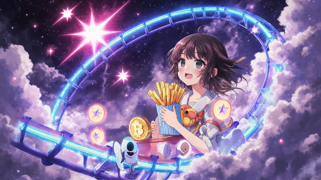 Girl on a rollercoaster of CHIPPY coins and fish‑and‑chips icons amid stormy, colorful clouds.