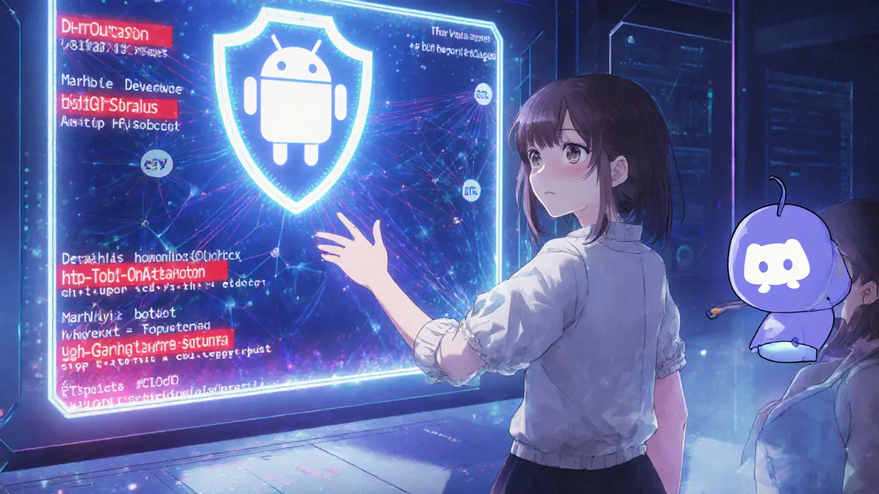 Girl reports a bot using a holographic blockchain display, with a friend avatar and neon blue lighting.