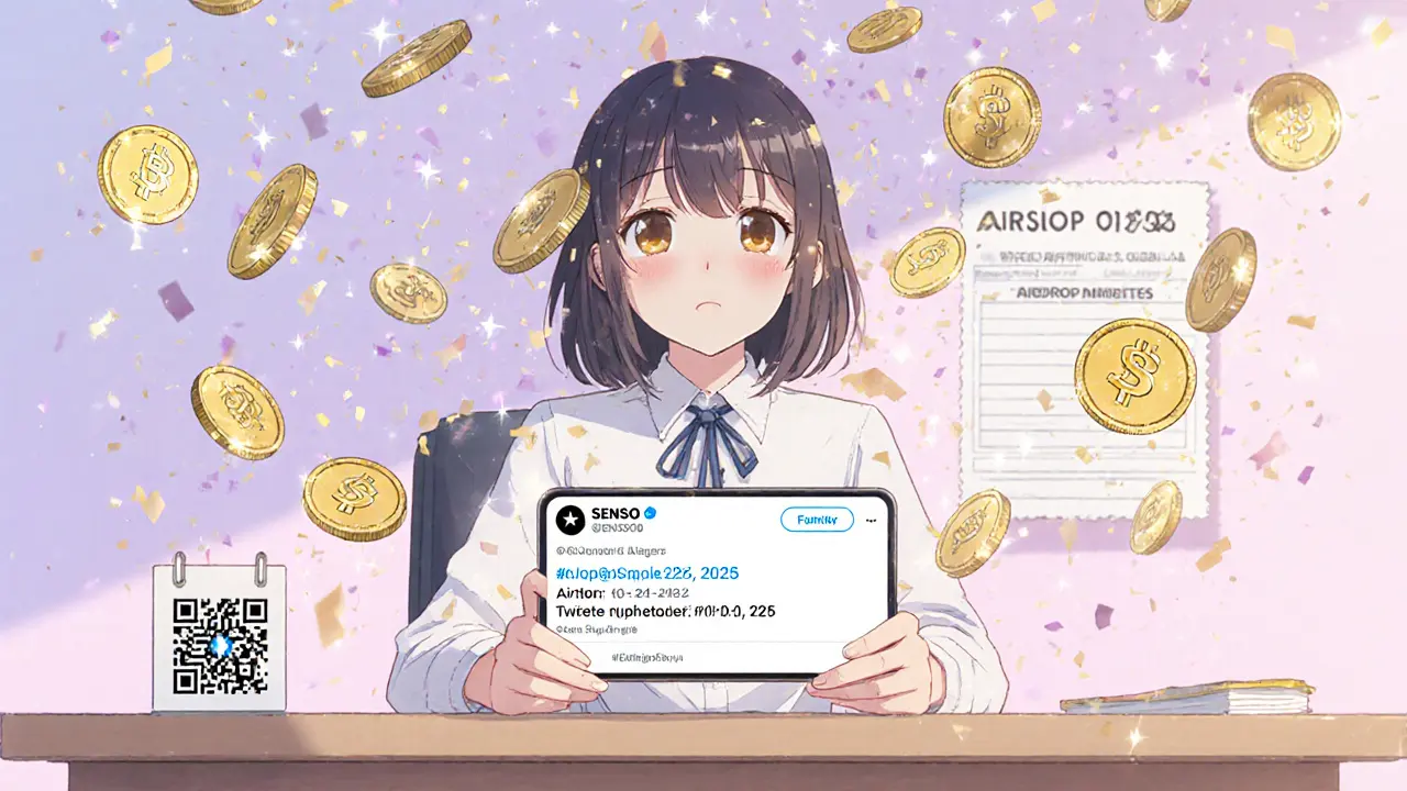 Girl retweets on phone as glowing SENSO tokens rain down, illustrating the airdrop steps.