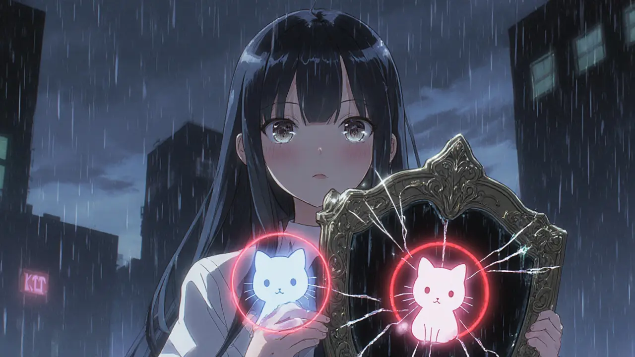 Girl stands in rain under dusk city lights, holding a shield as a broken glass reflects a token.