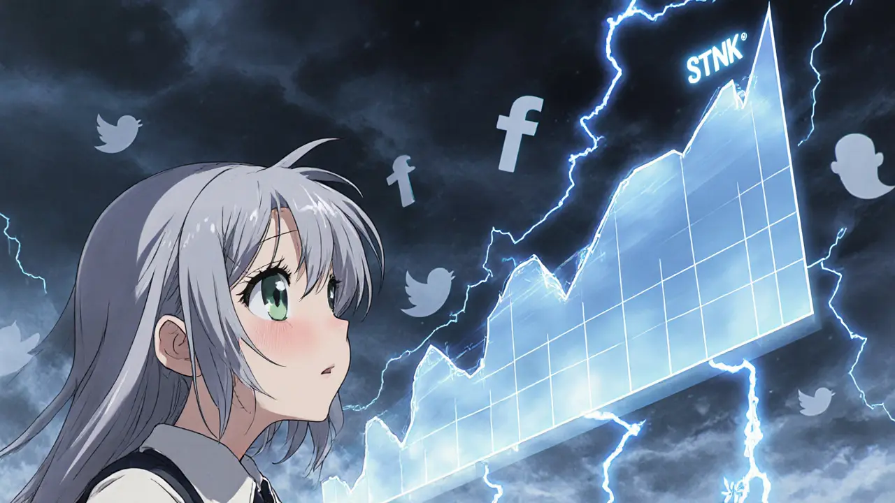 Girl watching a volatile Stonks price chart under stormy skies, reflecting risk.