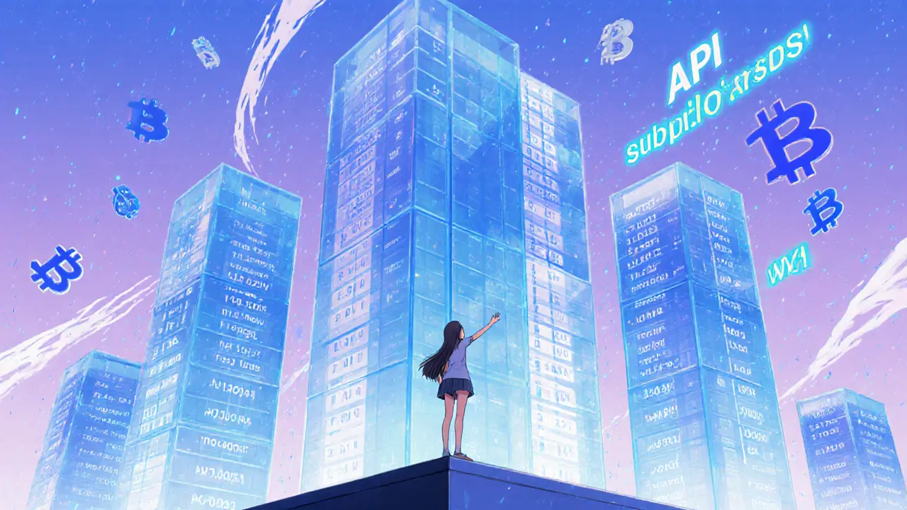 Glass Bitcoin blocks forming deep order‑book columns with floating API code around a female trader.