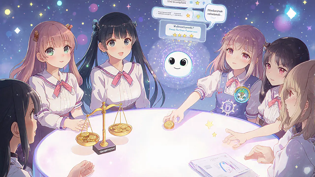 Group of characters representing voting methods with a friendly AI hologram, shoujo manga style.