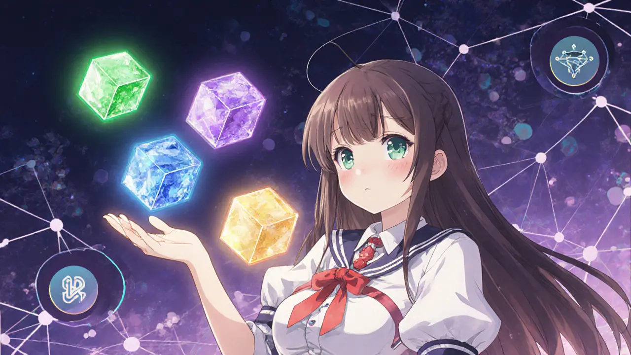 Heroine collects glowing CUBE NFTs, with three Infinity CUBEs floating above.