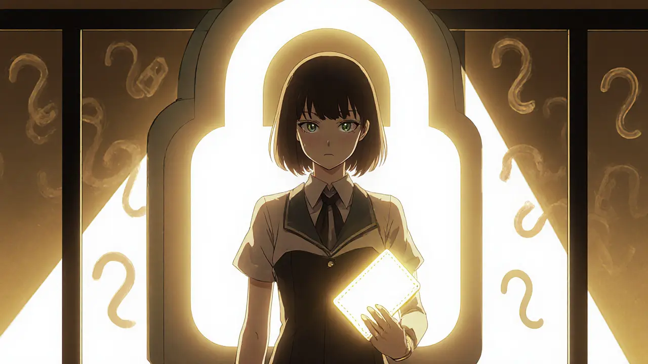 Heroine holding a crypto wallet facing a digital lock, shielded by light.