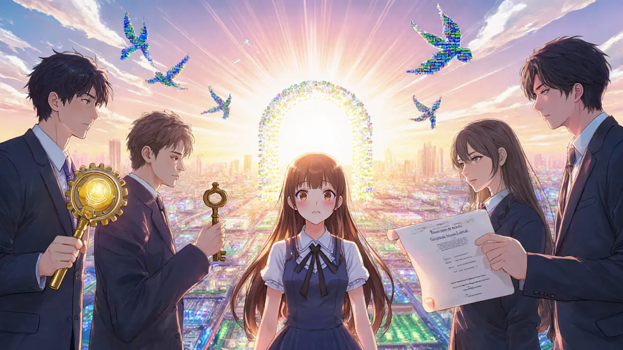 Heroine with allies holding tools for scaling, custodial wallets, bridges, and audits under a sunrise in manga style.
