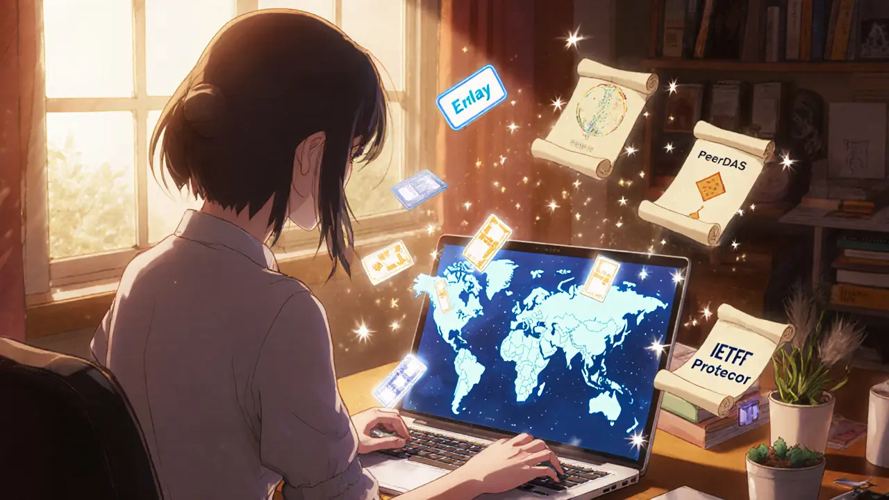Person setting up a full node at home with holographic blockchain map and upgrade scrolls.