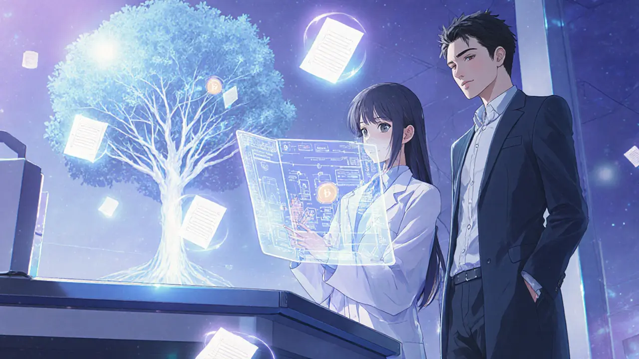 Researchers viewing holographic smart contracts and floating NFT research icons in a lab.