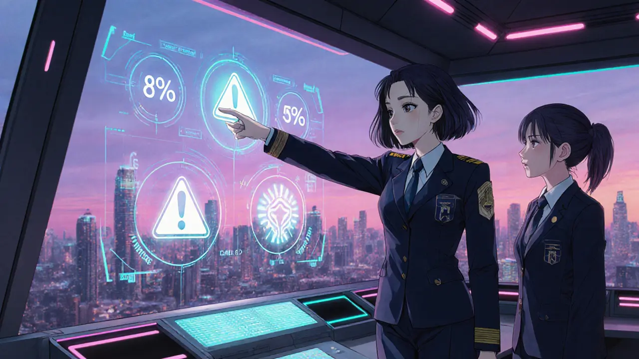 Risk officer in a futuristic room pointing at holographic risk indicators.