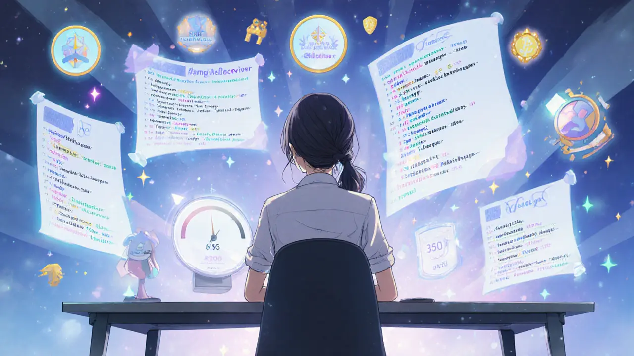 Shoujo manga developer coding with floating contract interfaces and protocol icons, gas gauge shown.