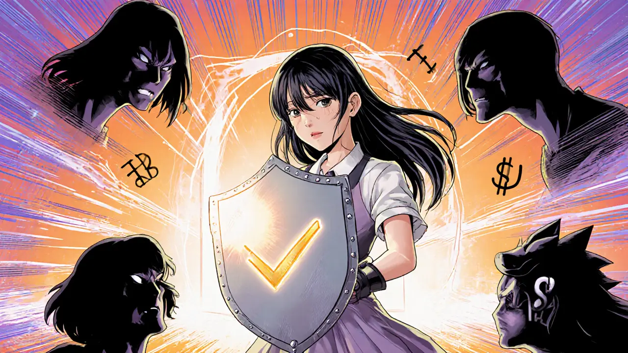 Shoujo manga hero defends contract from dark threats, holding a shield while future tech portals appear.