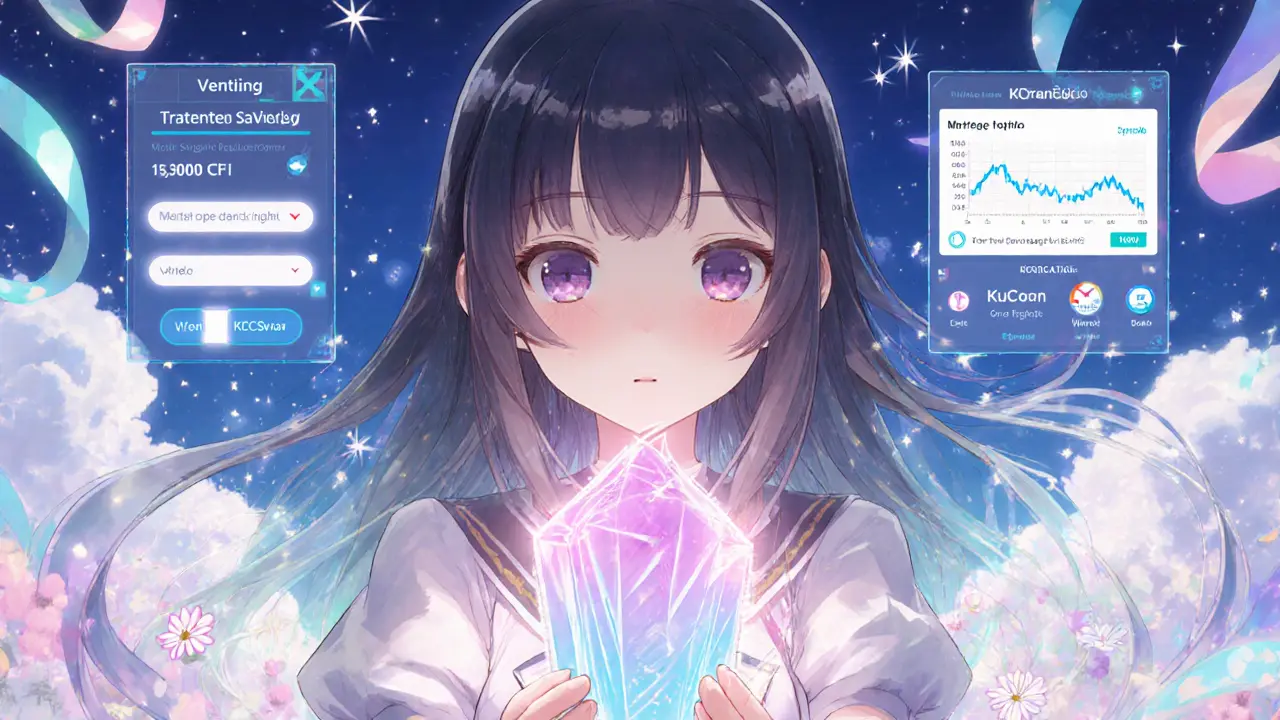 Shoujo manga heroine holding glowing KCCSwap token with voting and vesting UI elements after the token launch.