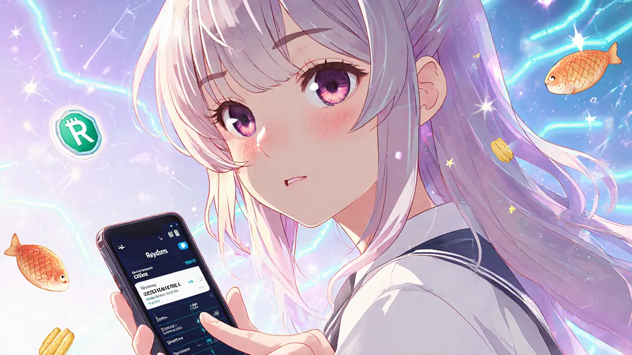Teen girl using Phantom wallet on phone to swap SOL for CHIPPY on Raydium, shoujo manga.