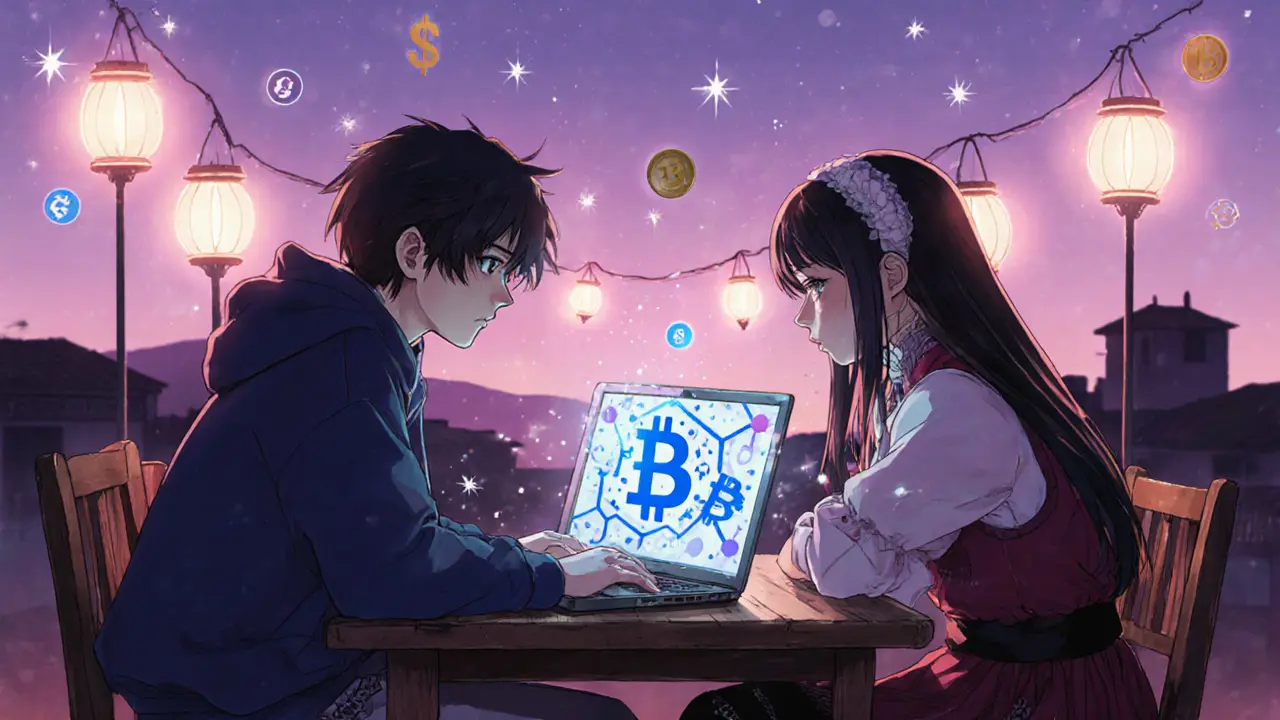 Teenagers exchanging crypto secretly at a dimly lit table with glowing laptop screens.