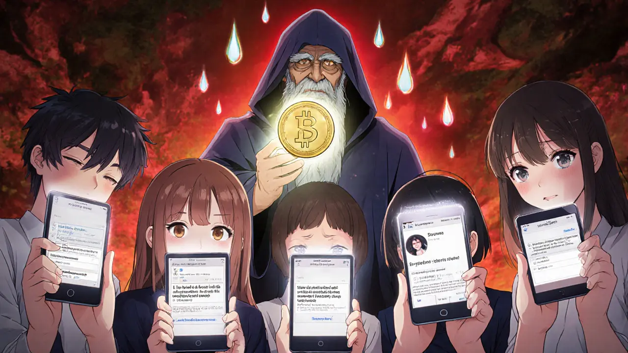 Teens hold phones with scam links, while a wise figure holds a real Solana token, symbolizing truth amid deception.