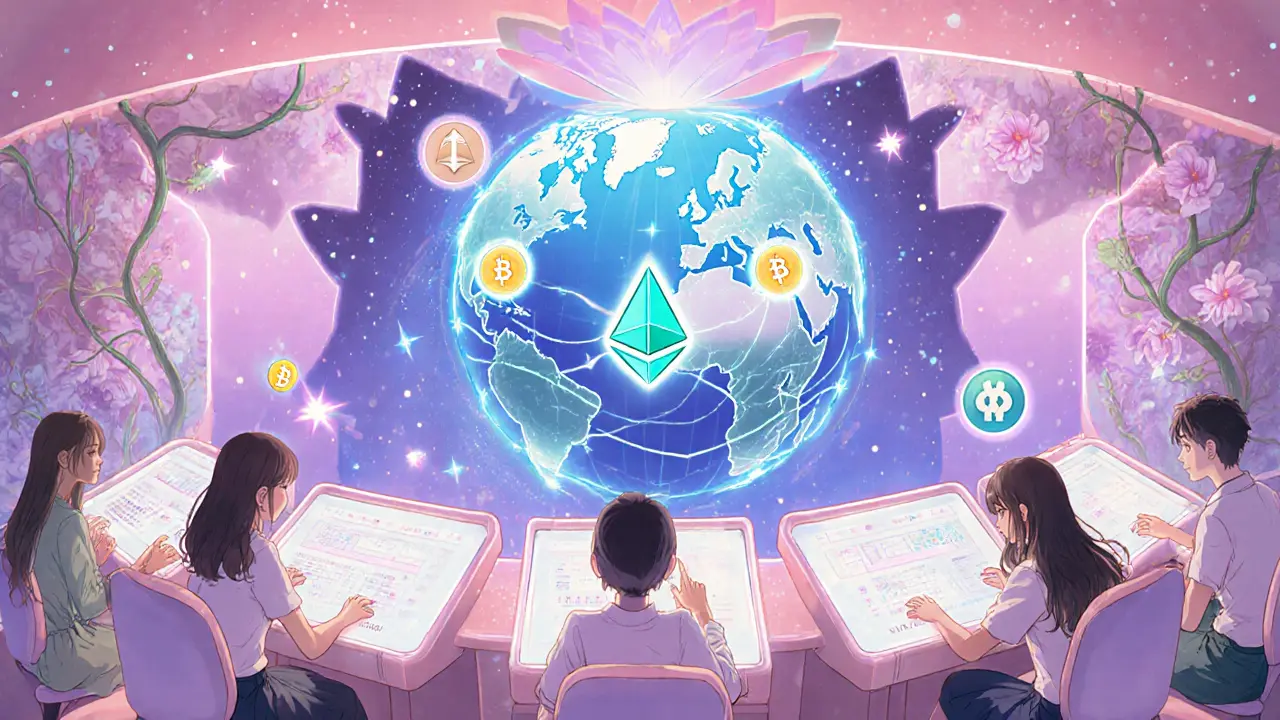 Teens stake UFARM at holographic lotus consoles with blockchain networks around them.