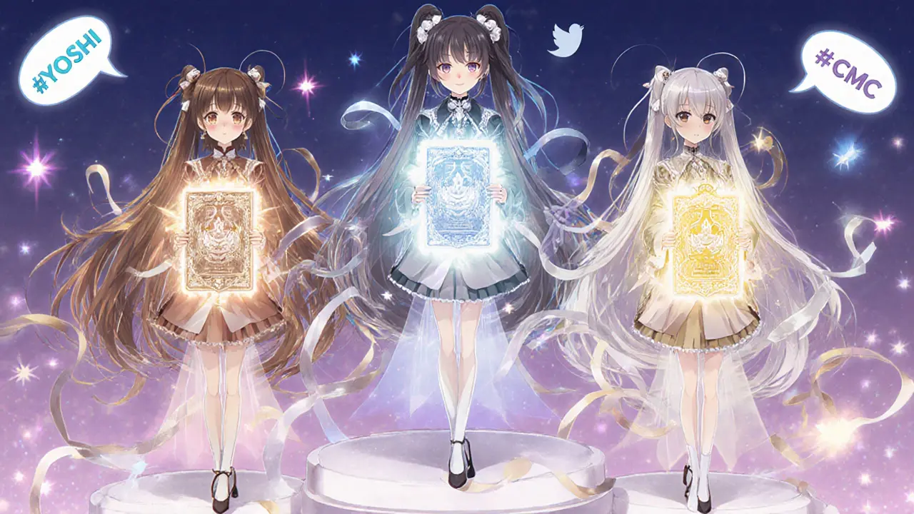 Three characters pose with bronze, silver, and gold YOOSHI NFTs on tiered platforms.